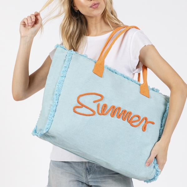 SEWN ROPE SUMMER LETTER FRINGED CANVAS BAG