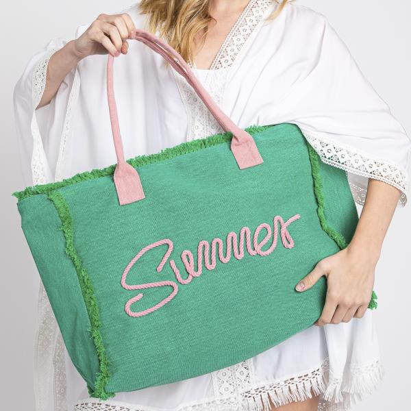 SEWN ROPE SUMMER LETTER FRINGED CANVAS BAG