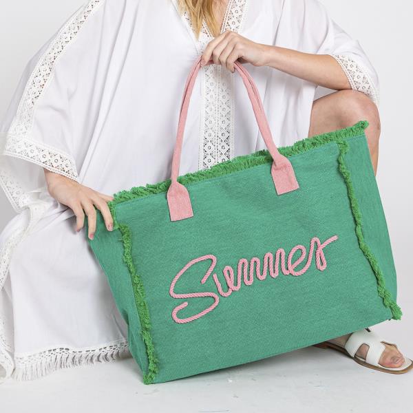 SEWN ROPE SUMMER LETTER FRINGED CANVAS BAG