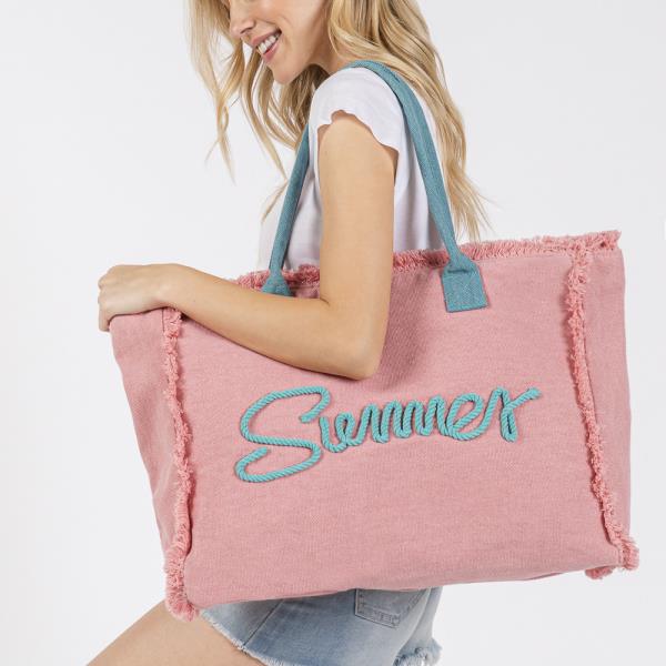 SEWN ROPE SUMMER LETTER FRINGED CANVAS BAG