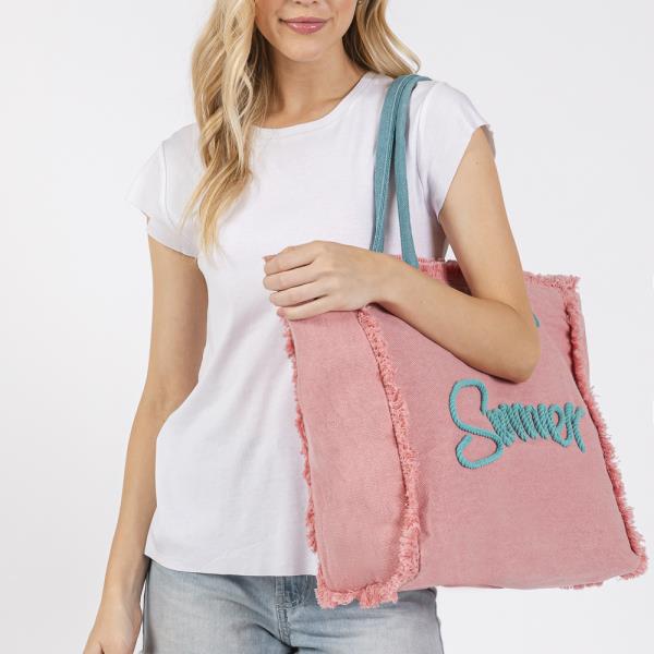 SEWN ROPE SUMMER LETTER FRINGED CANVAS BAG