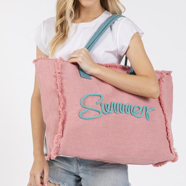 SEWN ROPE SUMMER LETTER FRINGED CANVAS BAG