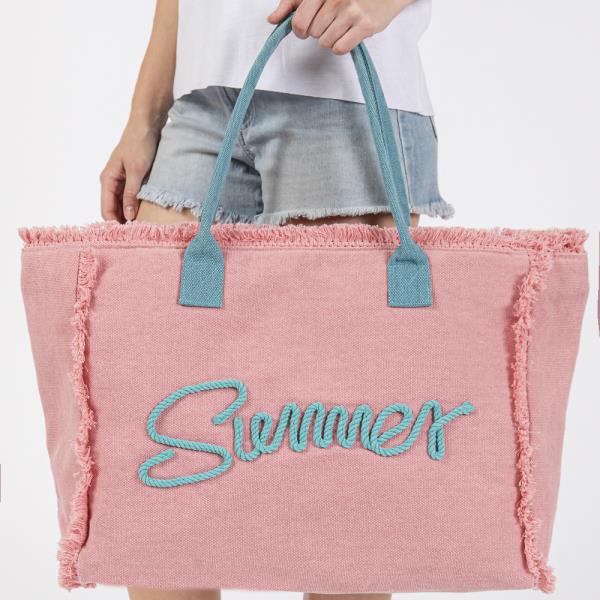 SEWN ROPE SUMMER LETTER FRINGED CANVAS BAG