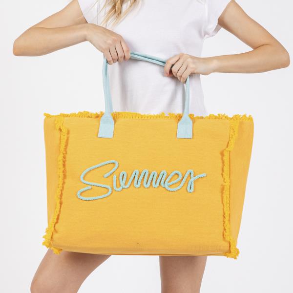 SEWN ROPE SUMMER LETTER FRINGED CANVAS BAG