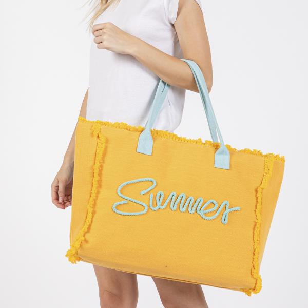 SEWN ROPE SUMMER LETTER FRINGED CANVAS BAG