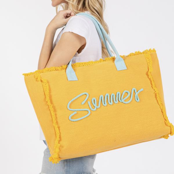 SEWN ROPE SUMMER LETTER FRINGED CANVAS BAG