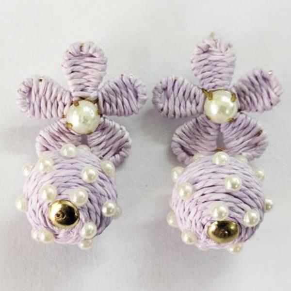 RAFFIA FLOWER BALL PEARL DANGLE EARRING