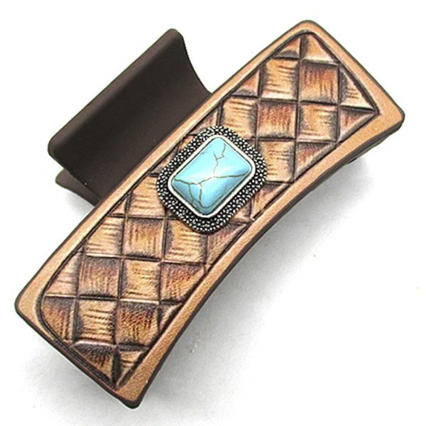 FAUX LEATHER WESTERN STYLE TQ STONE HAIR CLIPS