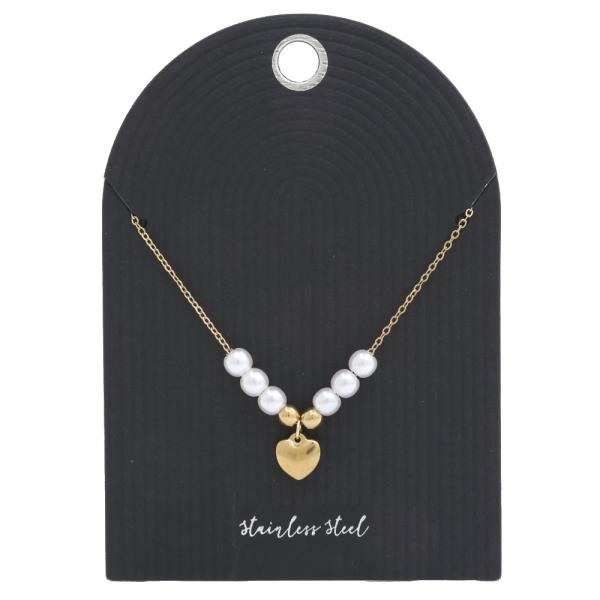 HEART CHARM PEARL BEAD STAINLESS STEEL NECKLACE