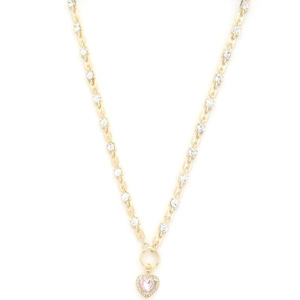 HEART CHARM RHINESTONE METAL NECKLACE