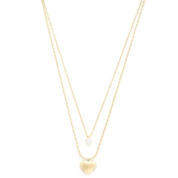STAINLESS STEEL PUFFY HEART CRYSTAL LAYERED STAINLESS STEEL NECKLACE