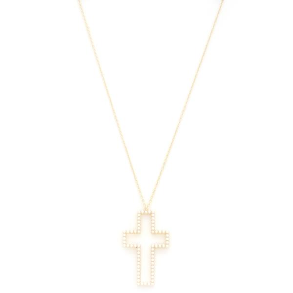 CUT OUT CROSS PEARL BEAD PENDANT NECKLACE
