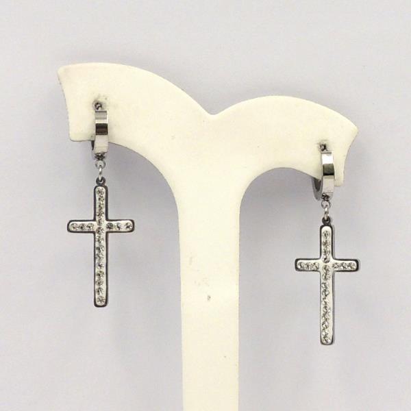 STAINLESS STEEL PAVE CROSS CHARM HUGGIE HOOP EARRING