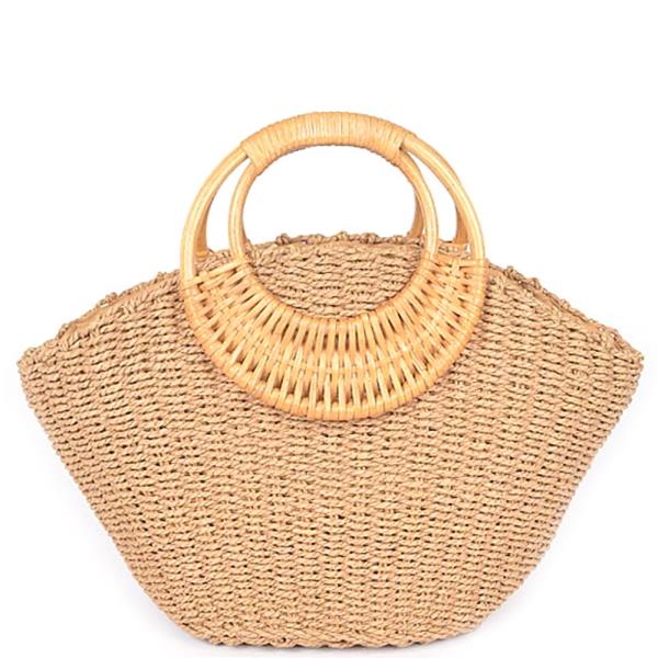 FAUX STRAW BAMBOO HANDLE TOTE BAG