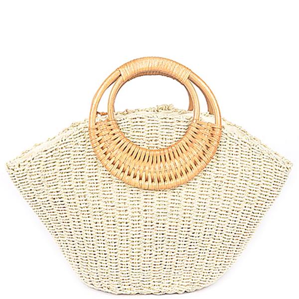 FAUX STRAW BAMBOO HANDLE TOTE BAG