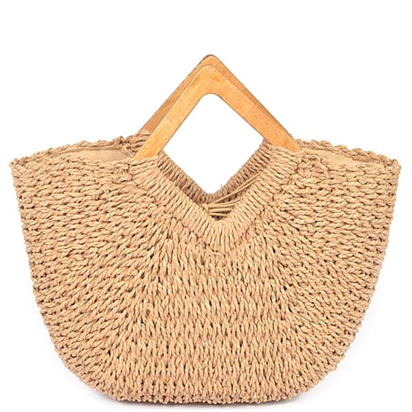FAUX STRAW WOOD HANDLE TOTE BAG
