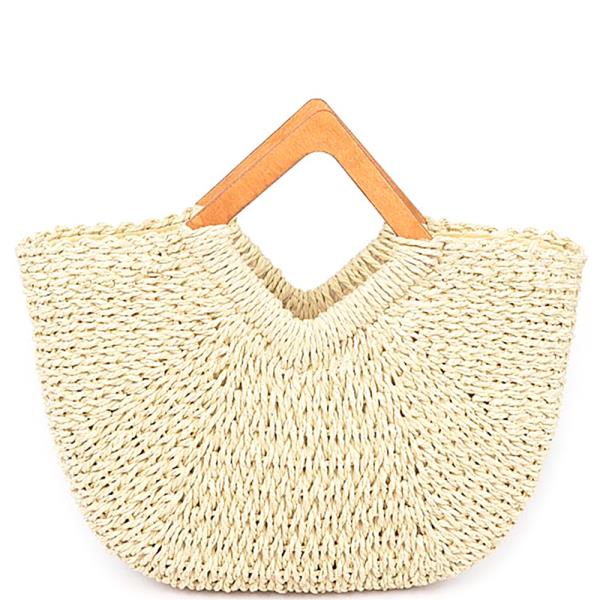 FAUX STRAW WOOD HANDLE TOTE BAG