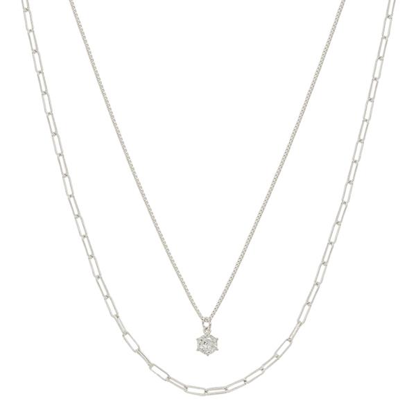 2 LAYERED CLIP CHAIN WITH CUBIC PENDANT SHORT NECKLACE