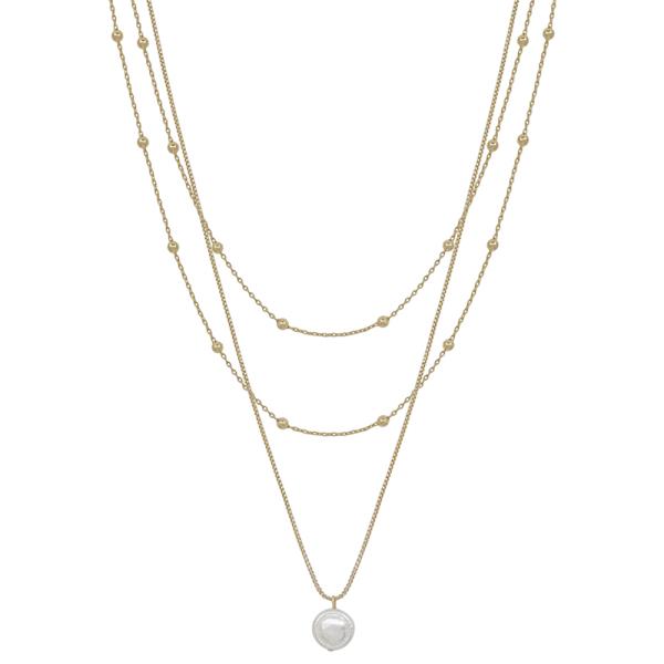 3 LAYERED CHAIN FRESHWATER PEARL ACCENT SHORT NECKLACE