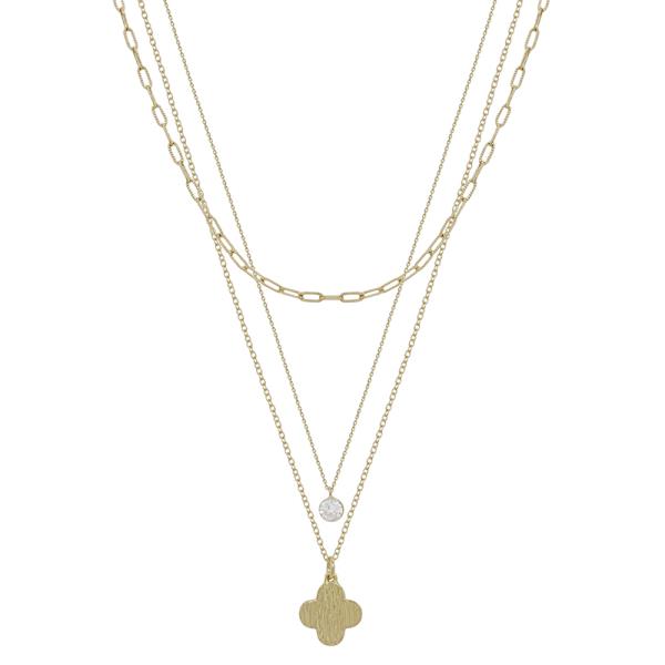 CLOVER ACCENT CRYSTAL CHARM 3 LAYER SHORT NECKLACE