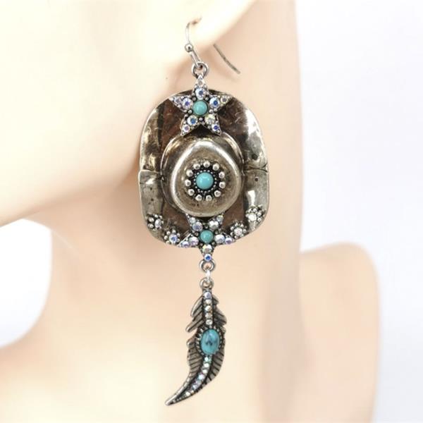 WESTERN STYLE TQ STONE HAT WITH FEATHER DANGLE EARRING