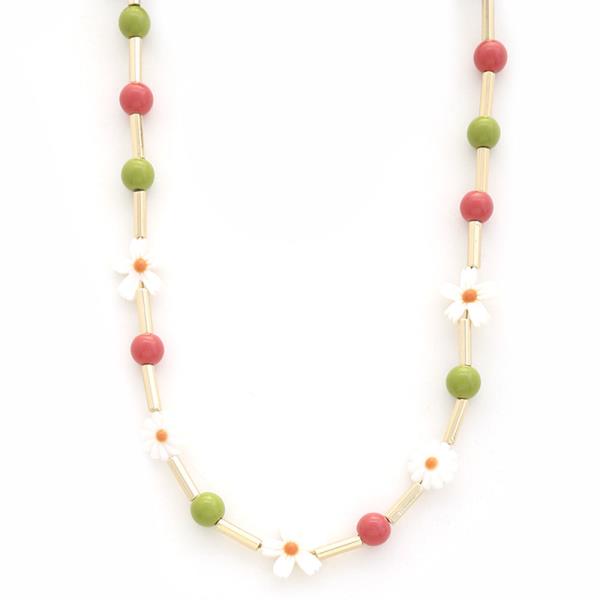 FLOWER COLOR BALL METAL BAR BEAD NECKLACE