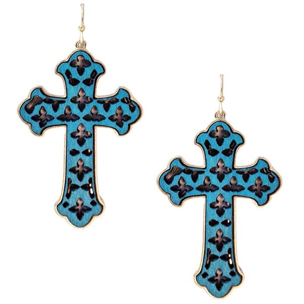 WOOD FLOWER CROSS DANGLE EARRING