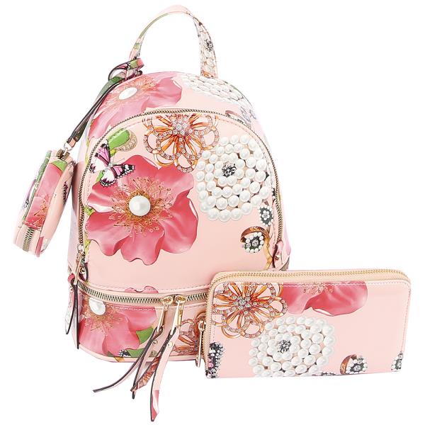 3I1N FLOWER PRINT CONVERTIBLE ZIPPER BACKPACK WITH WALLET AND COIN PURSE SET
