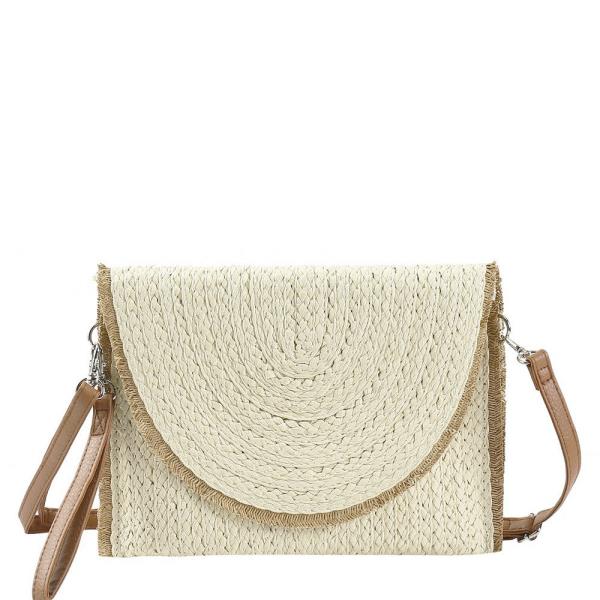(ONLINE ONLY) FRAYED TRIM TWO TONE STRAW CLUTCH & CROSSBODY BAG