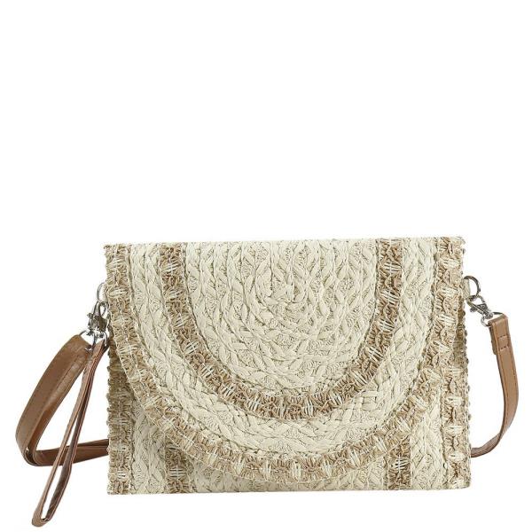 STITCH DETAIL STRAW CLUTCH & CROSSBODY BAG