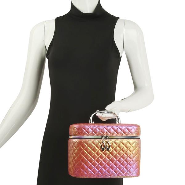 2IN1 QUILTED HOLOGRAM ZIPPER COSMETIC BAG WITH MIRROR