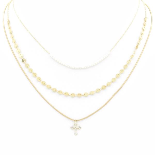 3 LAYERED METAL PEARL CHAIN CROSS PENDANT NECKLACE