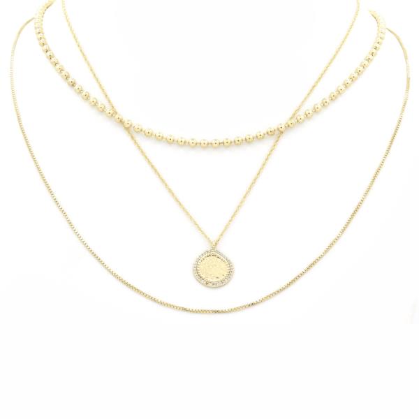 3 LAYERED METAL CHAIN ROUND PENDANT NECKLACE