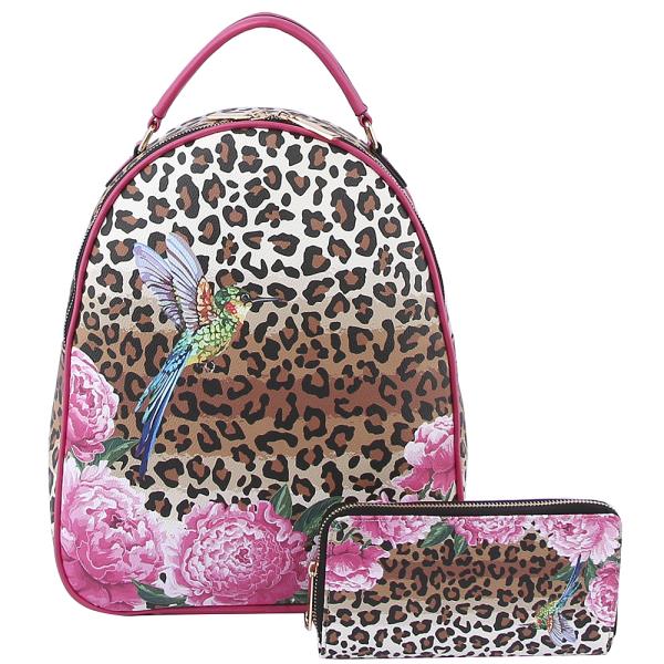 2IN1 ANIMAL BIRD FLOWER PRINT BACKPACK WITH WALLET SET