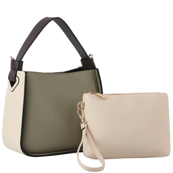 2IN1 TWO TONE SMOOTH HANDLE TOTE BAG WITH HAND POUCH SET