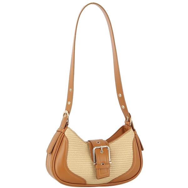 CHIC BUCKLE STRAW TWO TONE SHOULDER BAG