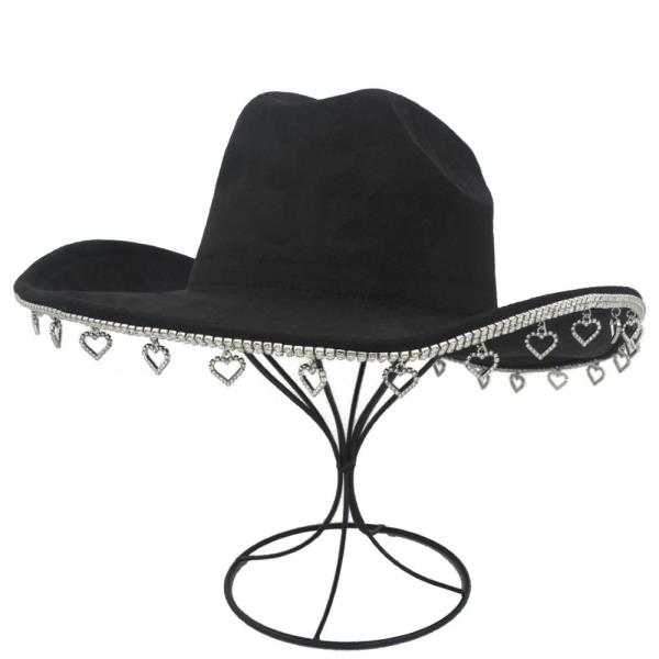 RHINESTONE EDGE HEART DANGLE COWBOY HAT