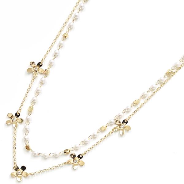 2 LAYERED METAL PEARL CHAIN FLOWER STATION NECKLACE