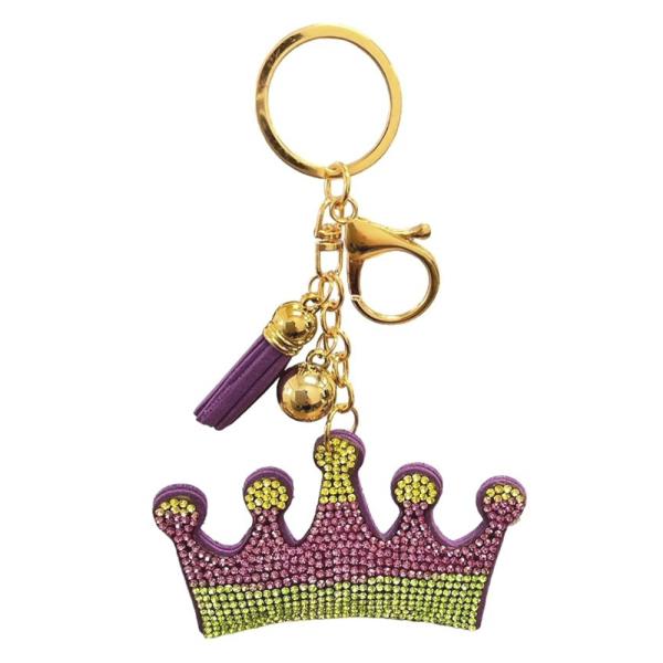 RHINESTONE CROWN MARDI GRAS KEYCHAIN WITH TASSEL