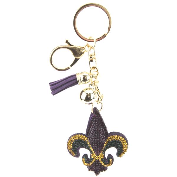 RHINESTONE FLEUR DE LIS MARDI GRAS KEYCHAIN WITH TASSEL