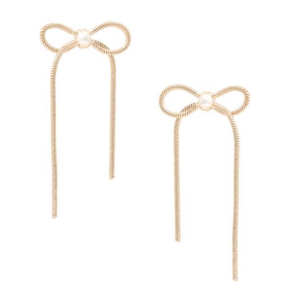 PEARL ACCENT TIED RIBBON BOW METAL EARRING