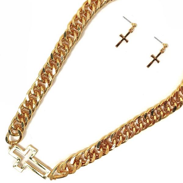 CROSS CHARM WIDE LINK CHAIN NECKLACE AND EARRING SET