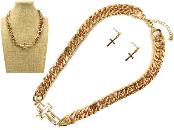 CROSS CHARM WIDE LINK CHAIN NECKLACE AND EARRING SET