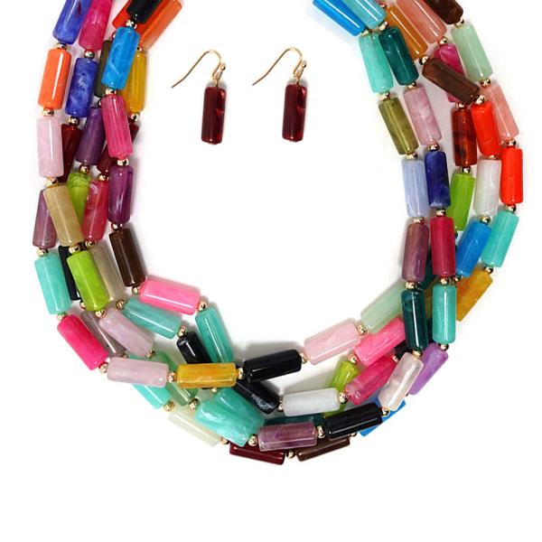 COLORFUL RESIN BEADED MULTI STRAND STACKED NECKLACE EARRING SET