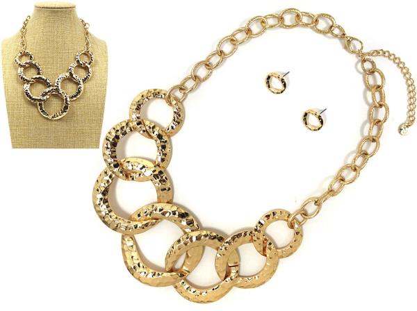 HAMMERED METAL ROUND RING LINK NECKLACE EARRING SET