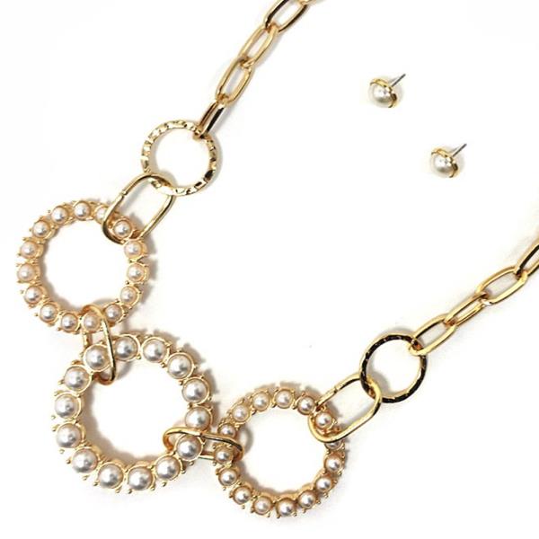 METAL CHAIN PEARL NECKLACE EARRING SET