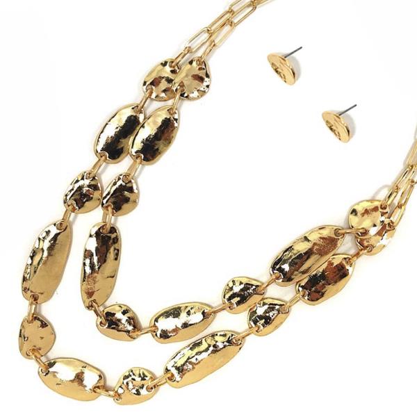 LAYERED HAMMERED METAL CHAIN NECKLACE EARRING SET