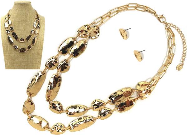 LAYERED HAMMERED METAL CHAIN NECKLACE EARRING SET