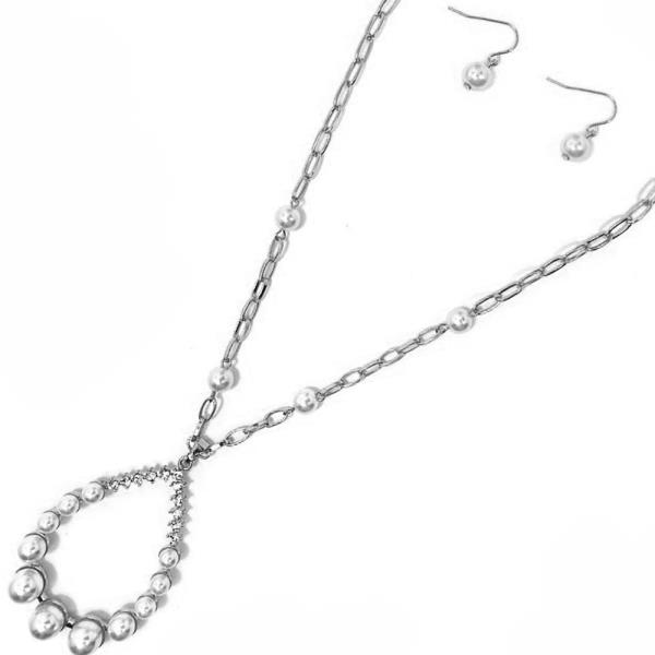 METAL CHAIN PEARL W STONE PENDANT NECKLACE EARRING SET