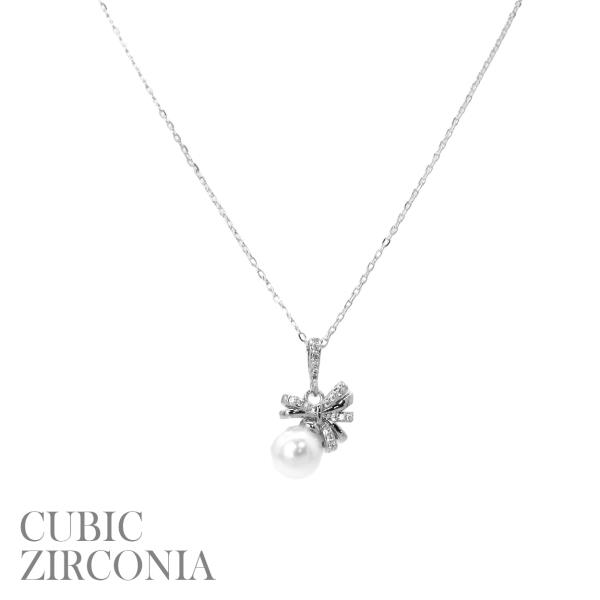 CZ BOW WITH PEARL NECKLACE